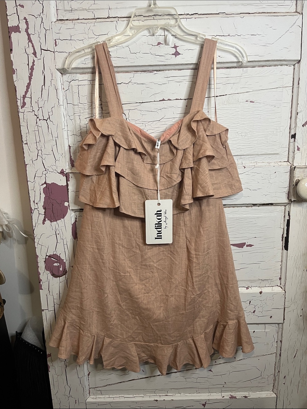 NWT INDIKAH Angel Biba Blush Ruffle Mini Dress IN Sz Large Cotton/Linen Blend